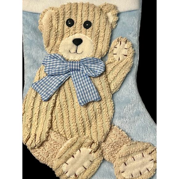 Baby's 1st Christmas Stocking-Blue Teddy Bear-Soft Plush-Corduroy Gingham Bear - Picture 2 of 6